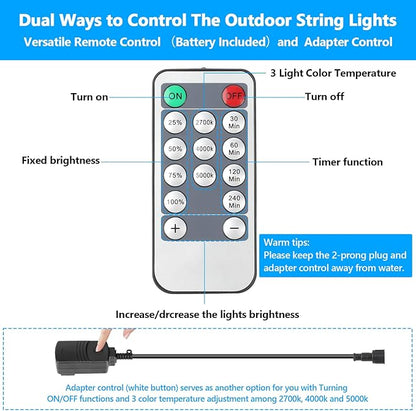 3 Color Dimmable LED Outdoor String Lights with Remotes, 48FT Waterproof Patio Hanging Lights with Shatterproof E26 S14 LED Bulbs for Bistro Cafe Pergola Party, Warm White/Nature White/Daylight White