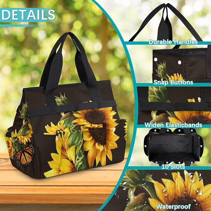 Butterfly Sunflower Funny Garden Tool Bag Waterproof Gardening Tool Storage Bag with Handle & 10 Pockets Gardening Tote Bag for Women Garden Tool Organizer