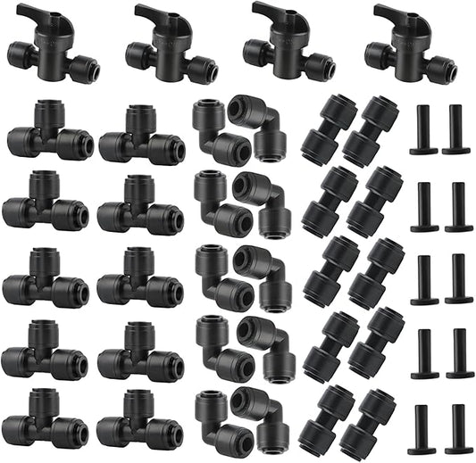 44 Pcs Quick Connect Drip Irrigation Fittings Kit for 1/4" Tubing with 4 Shut Off Valve ，10 Tees, 10 Couplings, 10 Elbows & 10 End Plugs, Anti-Leak Drip Irrigation Parts