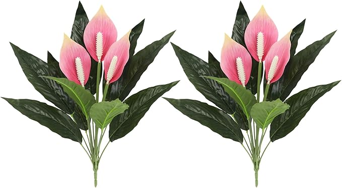 2-Pack Spathiphyllum Artificial Plants, Artificial Anthurium Plant with 3 Blooms Pink Flowers and Green Leaves, Tropical Floral Arrangement for Indoor Outdoor Decoration