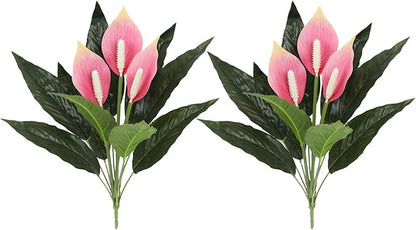 2-Pack Spathiphyllum Artificial Plants, Artificial Anthurium Plant with 3 Blooms Pink Flowers and Green Leaves, Tropical Floral Arrangement for Indoor Outdoor Decoration