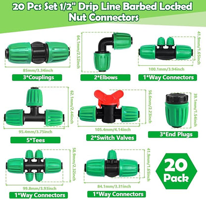 20 Pcs 1/2 Inch Drip Irrigation Fittings Kit (1/2" ID x 0.65" OD), Drip Line Irrigation Locked Barbed Parts for 1/2 Inch Irrigation Tubing