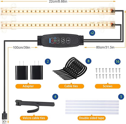 8.6'' Mini Two Strip Growing Lamp for Indoor Plants, 3000K Full Spectrum LED Grow Light Strips with Auto ON/Off 3/9/12H Timer & 10 Dimmable Levels for Green House Succulent (2 Head×2 Pack)