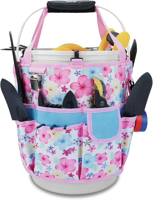 KUNN Gardening Gift for Women Men 5 Gallon Bucket Tool Organizer with 18 Pockets, Heavy-Duty Bucket Buddy Caddy Bag, Garden Tools Organizer Storage with Comfort Grip Handle Pad Attachment,Pink