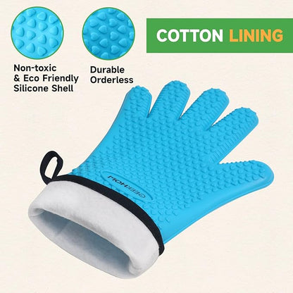 GEEKHOM BBQ Gloves, Grilling Gloves Heat Resistant Oven Gloves, Kitchen Silicone Oven Mitts, Long Waterproof Non-Slip Pot Holder for Barbecue, Cooking, Baking, Aqua Blue