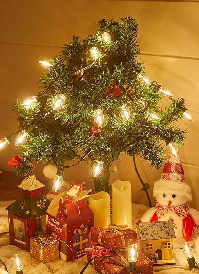 Brightown C7 Clear LED Christmas String Lights Outdoor, 100FT Connectable Vintage Hanging Lamps with 104 0.6W Bulbs(4 Spare) for Xmas Holiday Party Patio Roofline House Decor