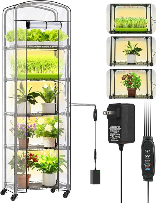 Mini Indoor Greenhouse with Grow Light & PVC Cover Portable Small Greenhouse with Shelves Adjustable 5 Tier Metal Plant Stand with Grow Light for Indoor Plants, Seed Starting,16.5"x11.4"x56.3"