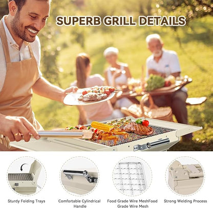 Portable Charcoal Grill Foldable Grills BBQ Grill Charcoal Small Grill for Travel, Camping, Outdoor Cooking, Backyard, Hiking, Patio Garden, Picnics,Beige
