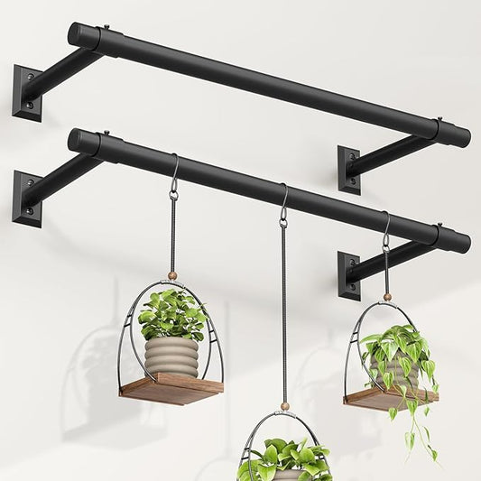 2 Pack Hanging Planters for Indoor Plants, 32 Inch Heavy Duty Plant Hanger Indoor, 1 Inch Diameter Metal Rod, Hanging Plant Holder for Window Wall, Matte Black, Square Flange Base, Pot Not Included