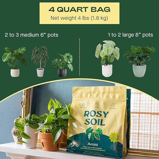 Rosy Soil Aroid Soil Potting Mix - Peat-Free, Microbially Active Biochar Powered Soil for Aroids - Superior Aeration & Drainage for Aroid Plants - Ideal for Indoor Gardening - 4 Quarts