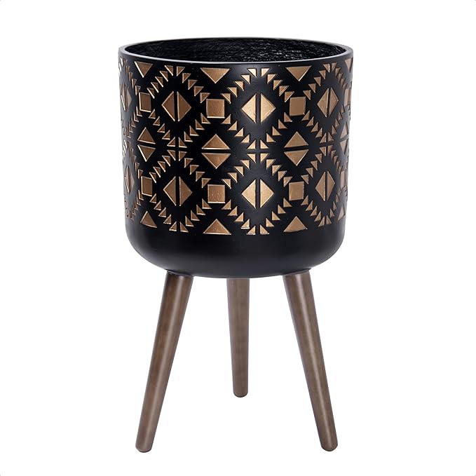 D'vine Dev 12 Inch Planter Pot with Stand, Mid-Century Tall Plant Pot with Legs for Indoor Plants, Bronze/Black, 88-G-C-6