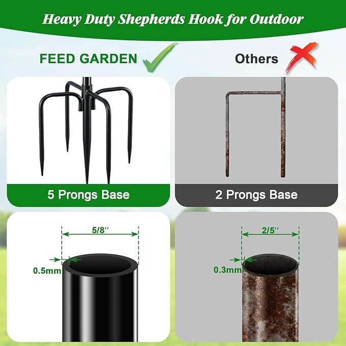 FEED GARDEN Adjustable Outdoor Shepherd Hook Bird Feeder Pole with 5 Prongs Base, 60 Inch Tall 5/8 Inch Thick, Heavy Duty Shepard Hook Stand for Hanging Bird Feeders, Plant Baskets, Black (1 Pack)