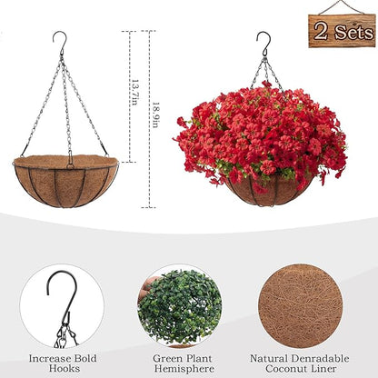 Hananona 24 Pcs Artficial Outdoor Flowers with Hanging Baskets, 2 Pack Hanging Planter with Red Outdoor Spring Flowers for Christmas Porch Home Patio Yard Decor (2, Red)