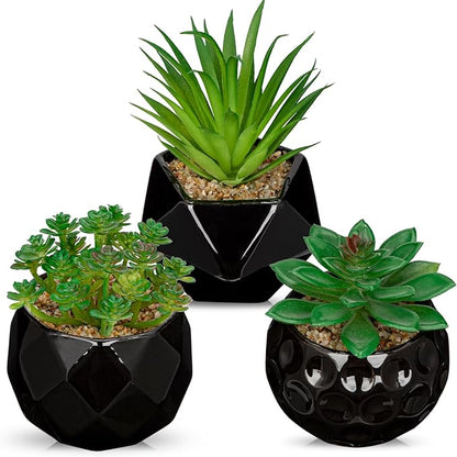 Briful Artificial Succulents Plants in Ceramic Pots, 3 Pack Faux Succulent Set with Black Geometric Planters – Modern Desk Decor for Home Office Shelf Bathroom, Small Fake Plants Potted