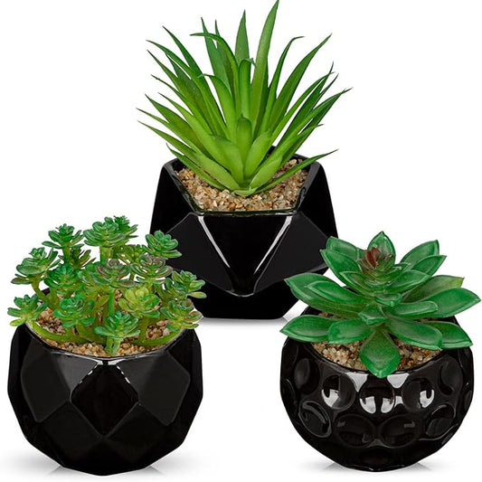 Briful Artificial Succulents Plants in Ceramic Pots, 3 Pack Faux Succulent Set with Black Geometric Planters – Modern Desk Decor for Home Office Shelf Bathroom, Small Fake Plants Potted
