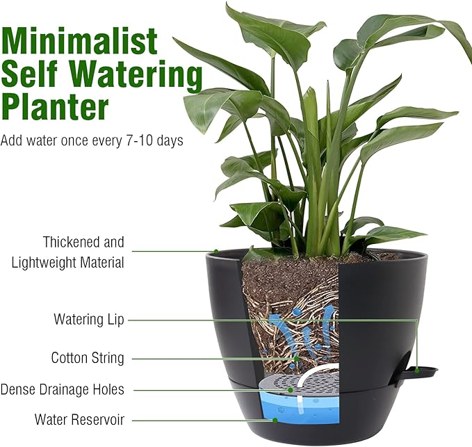 10 inch Self Watering Pots, 2 Pack Plastic Planters with Mesh Drainage Holes for Garden Plants and Flower, Plants Pots with Deep Reservoir for Indoor Outdoor Plants, Black