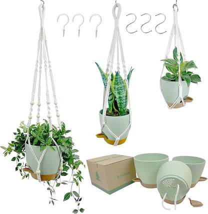 Hanging Planters with Macrame Plant Hangers for Indoor Outdoor Plants,3 Set Hanging Baskets Flower Pots Holders 35‘’/27‘’/21‘’,Self-Watering Pots 7‘’/6‘’/5.5‘’,Boho Home Decor (Green)