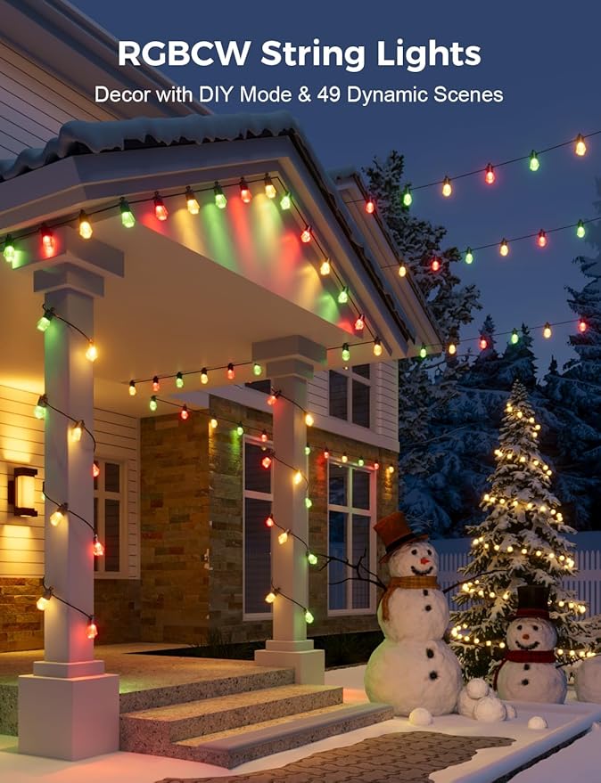 XMCOSY+ 48FT Smart Outdoor String Lights - RGBCWIC Dimmable Acrylic Bulbs, Color Changing LED Patio Lights APP WiFi Control, Compatible with Alexa, IP65 Waterproof Outside Lights for Yard Porch