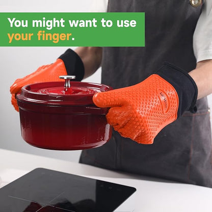 GEEKHOM BBQ Gloves Heat Resistant Oven Mitts - Silicone Grilling Gloves with 14" Long Arm Protection - Waterproof Pot Holder Non-Slip for Men & Women, Kitchen Cooking, Baking, Camping, Orange