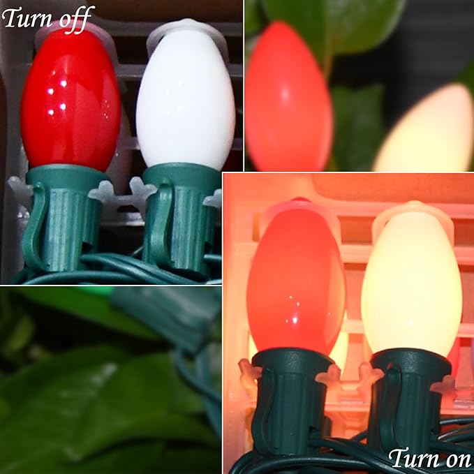 SUNSGNE C9 Christmas Outdoor String Lights 25 Feet Vintage Christmas Tree Lights with 26 7W Red White Glass Bulbs(1 Spare) for Backyard Patio Balcony Xmas Decor, Green Wire