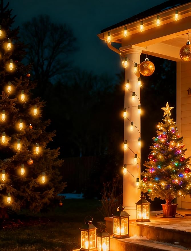 25Ft C9 Clear Christmas Lights Outdoor, Vintage Christmas String Lights with 26 C9 Warm White Bulbs, Hanging Incandescent Christmas Decorations Lights for Patio Roofline Christmas Tree Garden Pathway