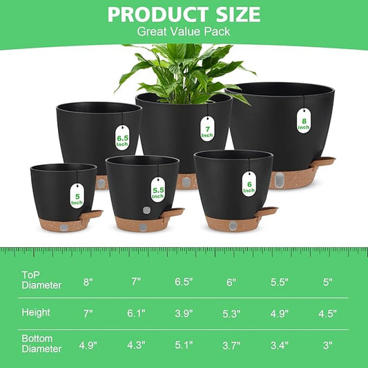 Self Watering Planter Set with Visual Water Level, 6Pack Small Plastic Pot with Drainage Holes and Reservoir Saucers, Modern 8+7+6.5+6+5.5+5 Inch Bottom Watering Flower Pots for Indoor Plant - Black