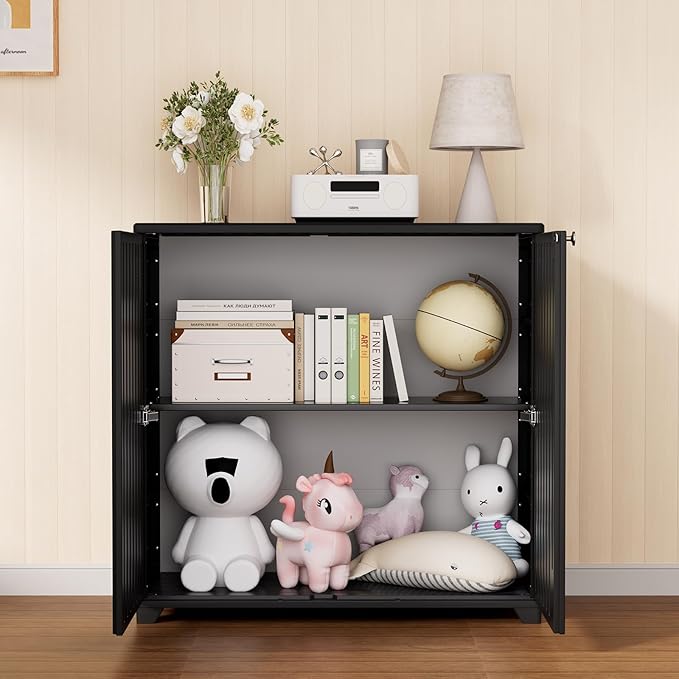 HOMSPARK Indoor/Outdoor Storage Cabinet with Doors, 34”x15”x34” HDPE Plastic Storage Box for Bedroom, Bathroom, Living Room, Balcony, Multi-Purpose for Daily Tools, Black