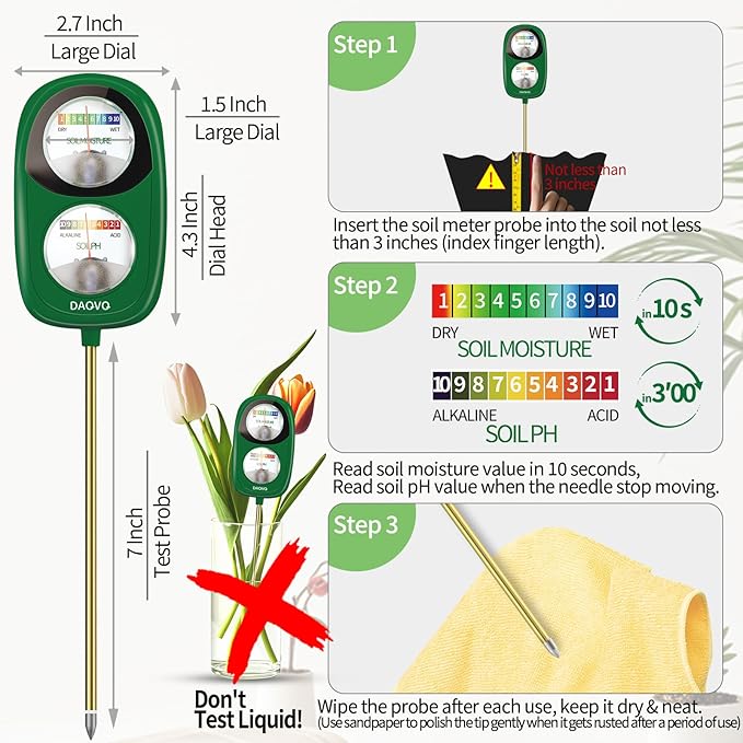 2-in-1 Soil Moisture Meter, Soil PH Meter, Large Dual-Screen Soil PH Tester & Moisture Meter for Plants Indoor&Outdoor Garden,Lawn,Farm Soil Test Kit-No Battery Needed-Leaf Green