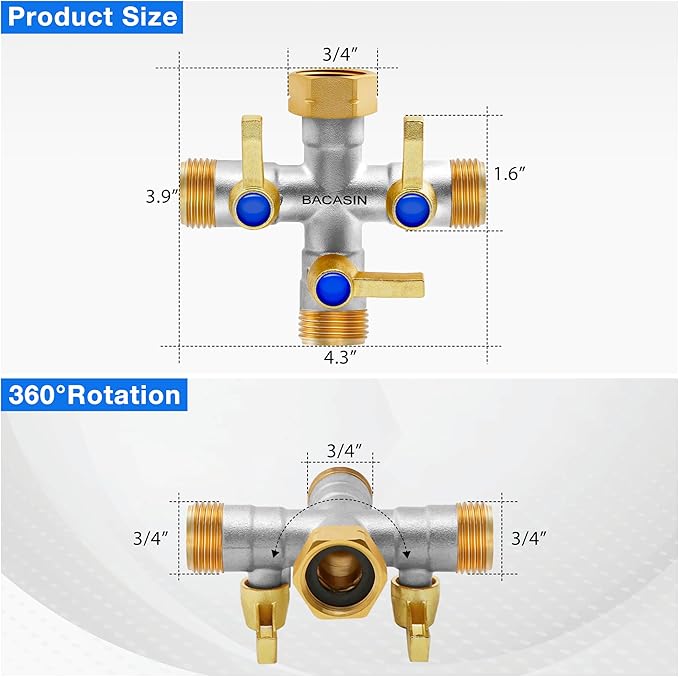 Brass Garden Hose Splitter, 3 Way Hose Splitter, Outdoor Hose Splitter, GHT 3/4 In, Female Inlet And 3 Way 3/4 In (Increase Flow Style) (silver)
