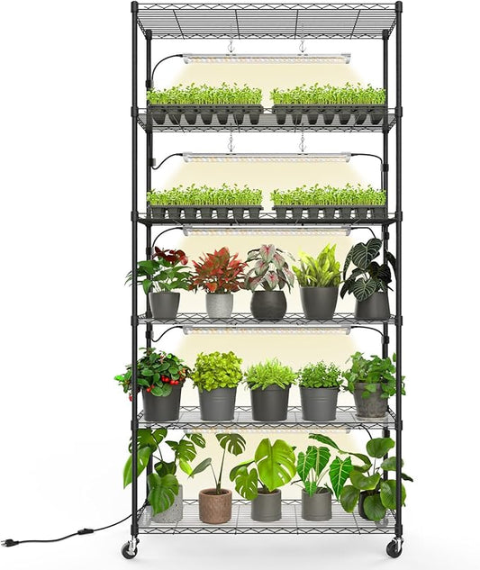 Bstrip Plant Shelf with Grow Light, Metal Plant Stand with Adjustable Rack and Wheels, 5 Pack T8 Full Spectrum Grow Light Strip for Indoor Plants, Seed Starting, Seed Tray, 35.4"x13.8"x71"