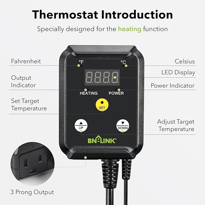 BN-LINK Reptile Thermostat Temperature Controller, Digital Heat Mat Thermostat for Seed Starting, Plant Germination, Greenhouse, Incubator, Brooder, Brewing, Reptiles Tank,40-108°F, 1000W, ETL Listed
