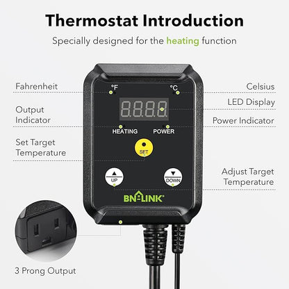 BN-LINK Reptile Thermostat Temperature Controller, Digital Heat Mat Thermostat for Seed Starting, Plant Germination, Greenhouse, Incubator, Brooder, Brewing, Reptiles Tank,40-108°F, 1000W, ETL Listed
