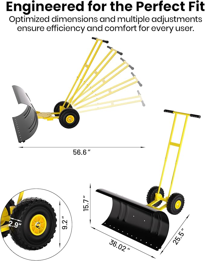 36” Snow Shovel for Driveway,Heavy Duty Wheeled Rolling Shovels 5 Position Angled Blade, Ergonomic Handle & Rubber Wheels for Efficient Snow Removal, Snow Plow for Doorway,Driveway and Sidewalks