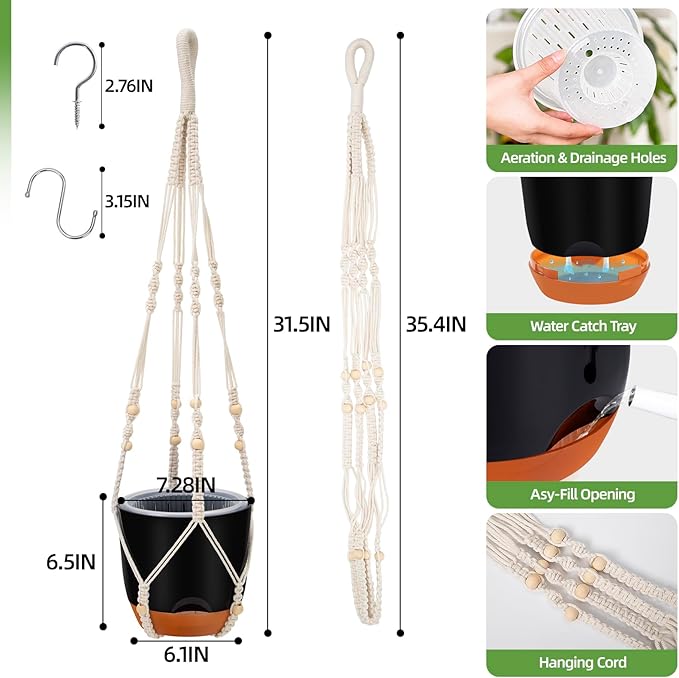 2-Pack 7.2-Inch Self-Watering Hanging Planters for Indoor & Outdoor Plants,34-Inch macrame hanger plant pots indoor with drainage,Small Hanging Planters & Baskets in Black,With two sets of hooks