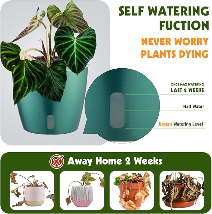 Self-Watering Pots for Indoor Plants, 4-Pack 6.7'' Self Watering Planter with Drainage Holes, Small African Violet Pots with Water Indicator, Orchid Pot, White/Grey/Blue/Rose Gold