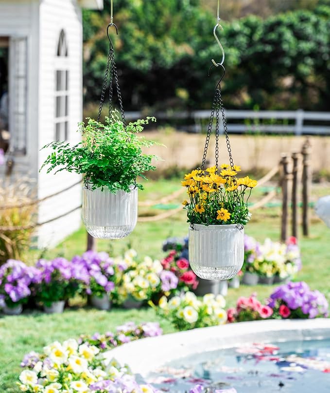 Melphoe 2 Pack Self Watering Hanging Planters Indoor Flower Pots, 5.3 Inch Outdoor Hanging Basket, Plant Hanger with 3Hooks Drainage Holes for Garden Home (White)