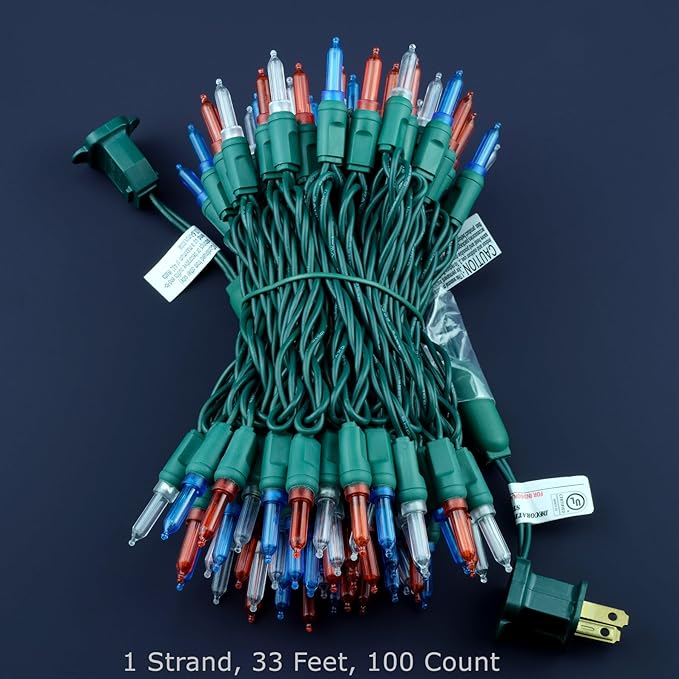 100 Red White Blue One-Piece LED Christmas Lights, 33 ft Green Cord High Waterproof UL Certified Patriotic Outdoor String Lights (Red White & Blue)