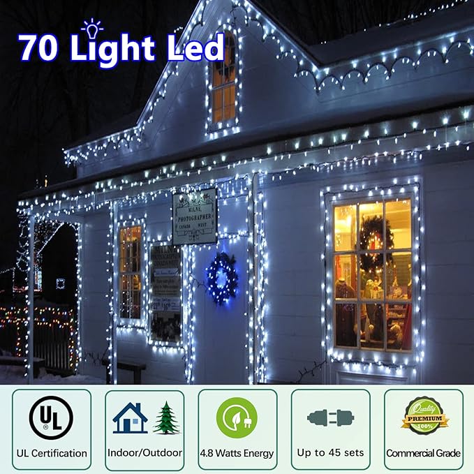 70 Counts C6 Cool White Christmas Lights - 35.5ft Christmas Lights Outdoor, White Christmas Lights Commercial Grade Outdoor Waterproof, Indoor String Lights Green Wire, IP:65, UL