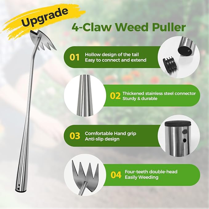 2025 Upgraded Weed Puller Tool, 4-Tooth Manganese Steel Manual Weeders, Portable Garden Weed Remover Tools for Vegetable Gardening Backyard Farm Planting & Weeding