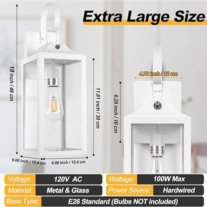 19" Large Dusk to Dawn Outdoor Wall Light, White Outside Farmhouse Wall Sconce, Industrial Wall Mount Light Fixture, Waterproof Modern Porch Lighting Exterior Lamp for House Garage