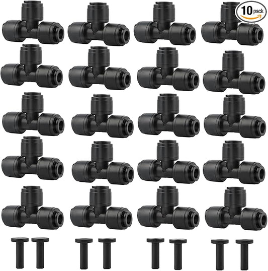 20 pack 1/4" Drip Irrigation Tee Fitting - Quick Connect Tee Connectors, Leak-Free for 1/4" Tubing, Includes 8 End Plugs for Sprinkler & Drip Irrigation Systems