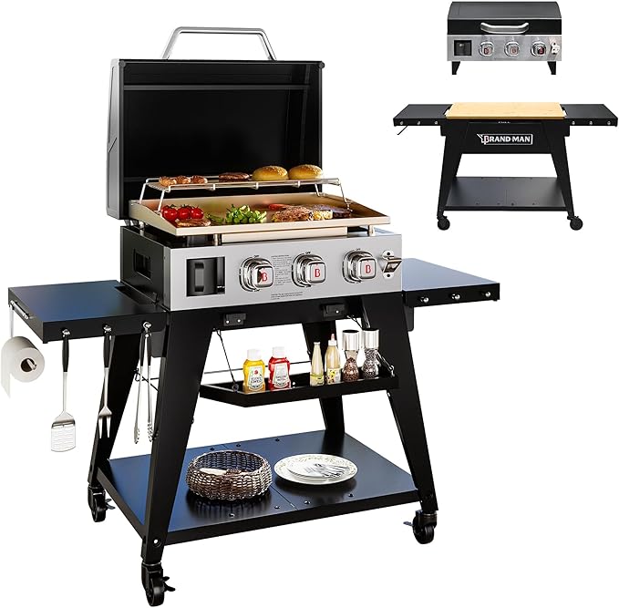 Brand-Man 3-Burner Portable Propane Gas Griddle with Lid - 28,000 BTU Flattop Griddle Grill, 504 Sq. In., Folding Side Tables, Rolling Cart for Outdoor BBQ, Camping, Patio