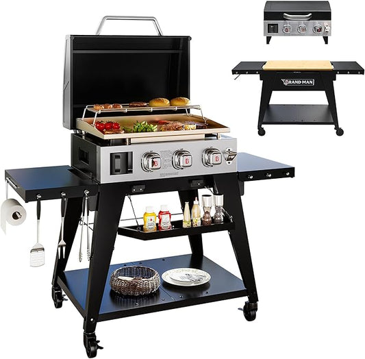 Brand-Man 3-Burner Portable Propane Gas Griddle with Lid - 28,000 BTU Flattop Griddle Grill, 504 Sq. In., Folding Side Tables, Rolling Cart for Outdoor BBQ, Camping, Patio