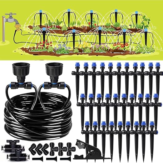 100FT Quick-Connect Drip Irrigation Kit Plant Watering System 1/4" Blank Distribution Tubing DIY Automatic Irrigation Equipment Set for Garden Greenhouse Flower Raised Bed Patio Lawn Plants Vegetable