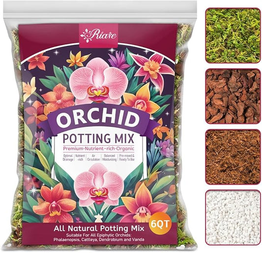 Riare 6QT Orchid Potting Mix for Repotting- Orchid Repotting Kit Include Moss, Pine Bark, Perlite, Coco Peat- Premium Orchid Soil Medium for Indoor Potted Plants Root Ventilation & Expanding