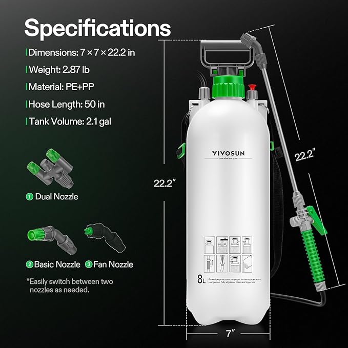 VIVOSUN 2.1 Gal/8L Pump Sprayer, Garden Water Sprayer for Plants, Weeds & Lawn Care, with 3 Nozzles, 50'' Long Hose & Pressure Relief Valve