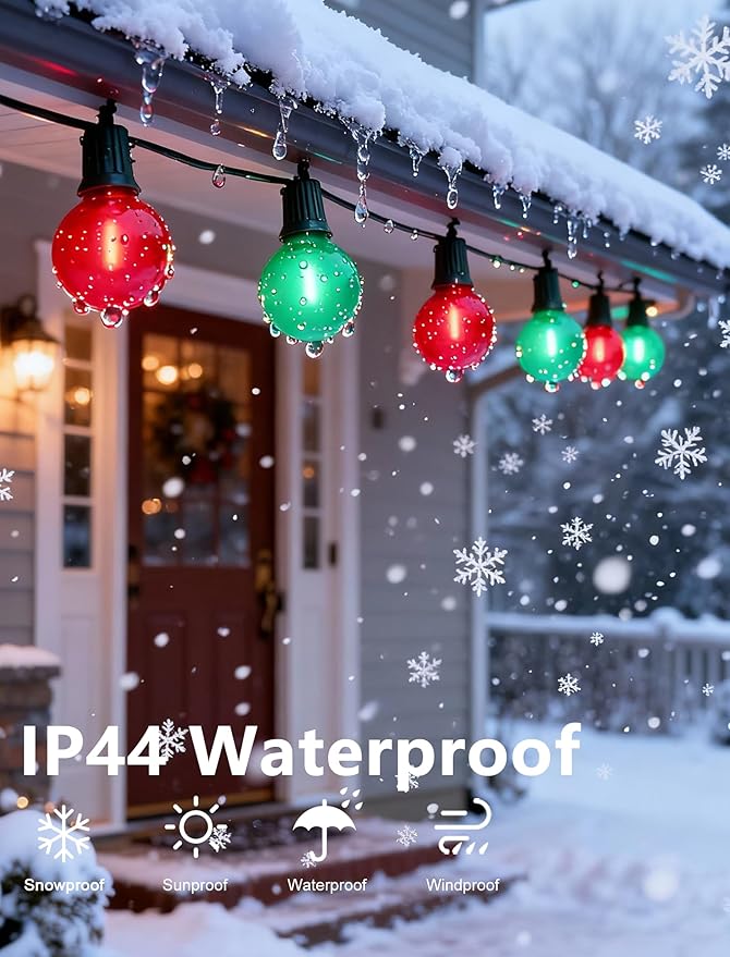 50Ft Outdoor Frosted Red and Green Christmas Lights,LED G40 Globe Patio Christmas Lights with 25 Red and Green Bulbs(2 Spare),Vintage Hanging Light for Tree Garden Porches Xmas Holiday