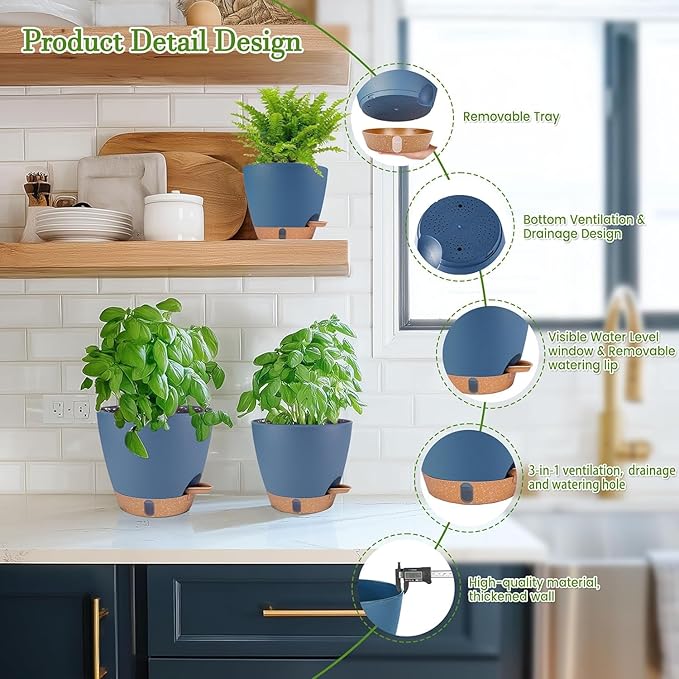 Self Watering Pots for Inoor Ourdoor Plants 10/9/8/7/6.5 Inch Plastic Planters with Drainage Holes & Water Level Indicator, Decorative House Flower Nursery Planting Pots with Saucers (Navy Blue)
