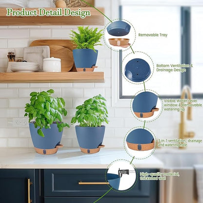 Self Watering Pots for Inoor Ourdoor Plants 10/9/8/7/6.5 Inch Plastic Planters with Drainage Holes & Water Level Indicator, Decorative House Flower Nursery Planting Pots with Saucers (Navy Blue)
