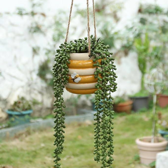 Hanging Ceramic Planter 5 Inch Cute Bee Plant Pots Indoor Outdoor Yellow Planter Flower Pot Succulent Plant Pot Ceramic Mid-Century